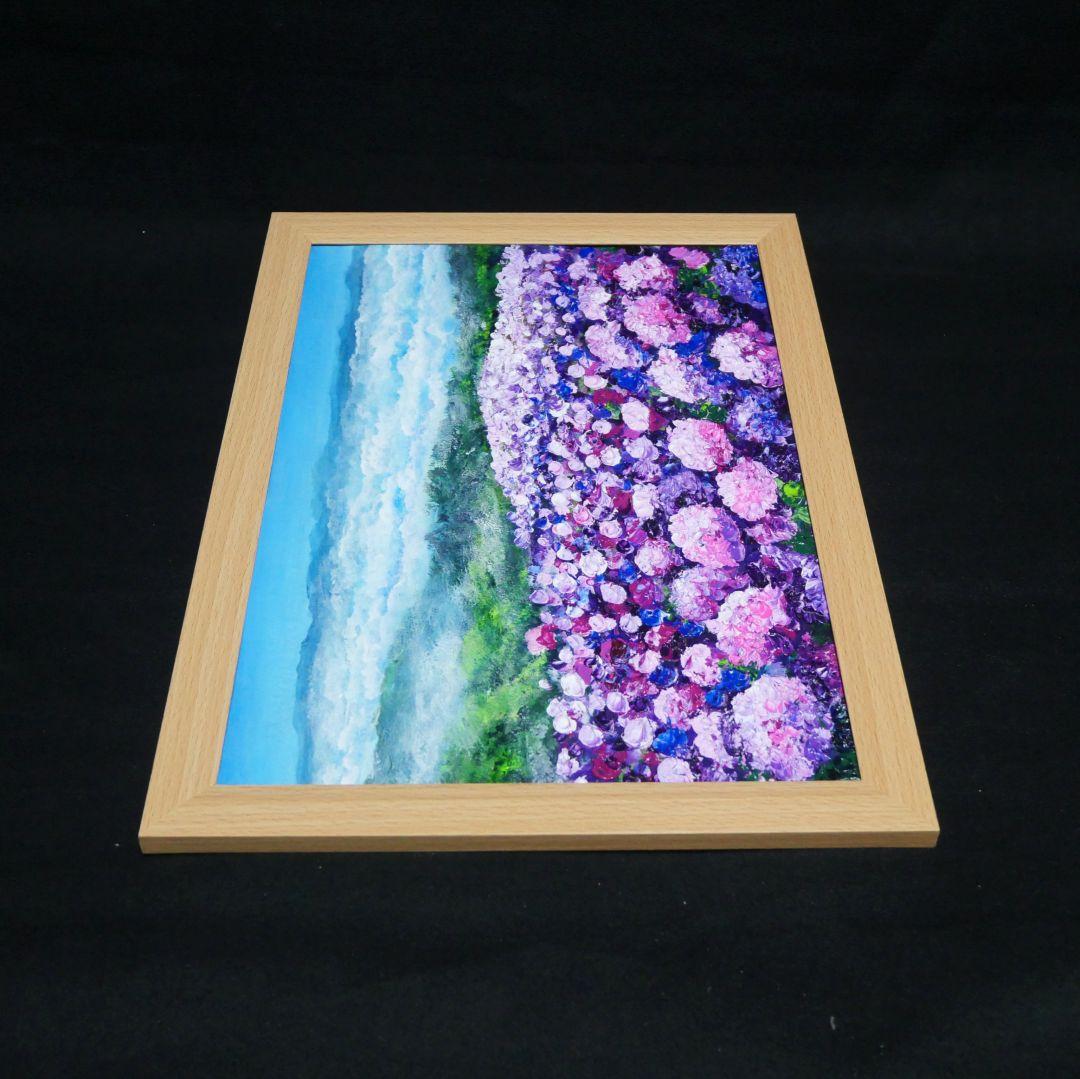 油絵 油彩 油彩画 絵 絵画【天空のピンクと紫の紫陽花】