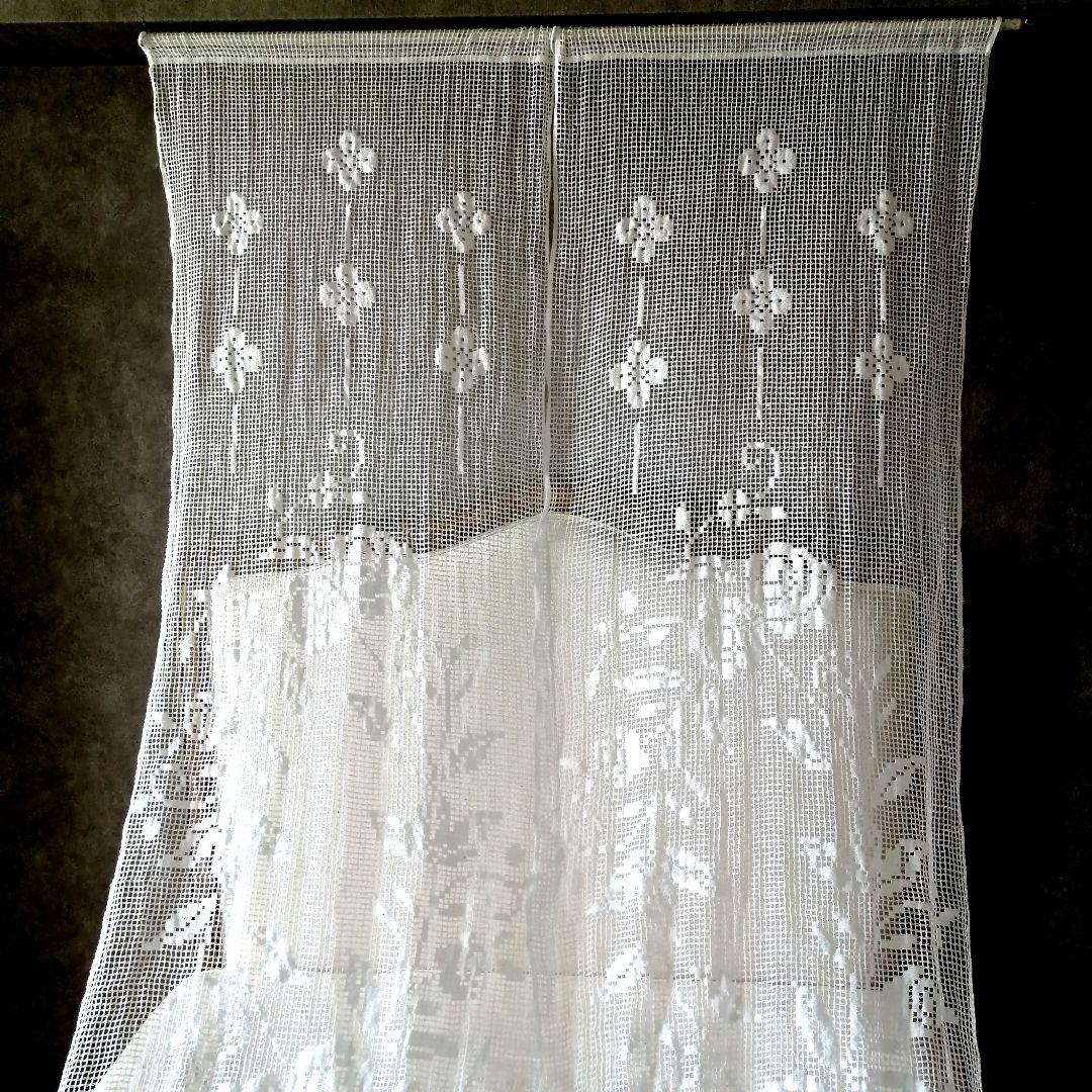 薔薇モチーフ　コットンフィレ風レース　ホワイトレースカーテン　2枚　 H235