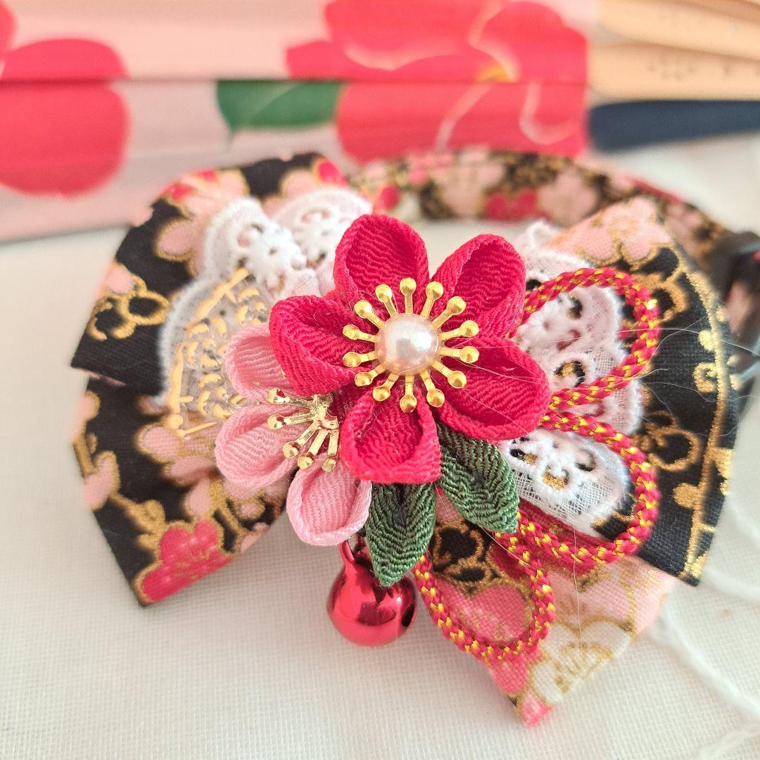 ダブルリボン、和風つまみ細工(黒×赤)わんちゃん猫ちゃん用首輪