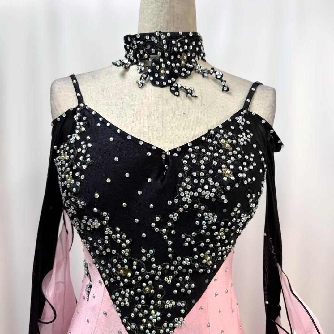 6264★SM ピンク 黒 フリル スタンダードドレス社交ダンス