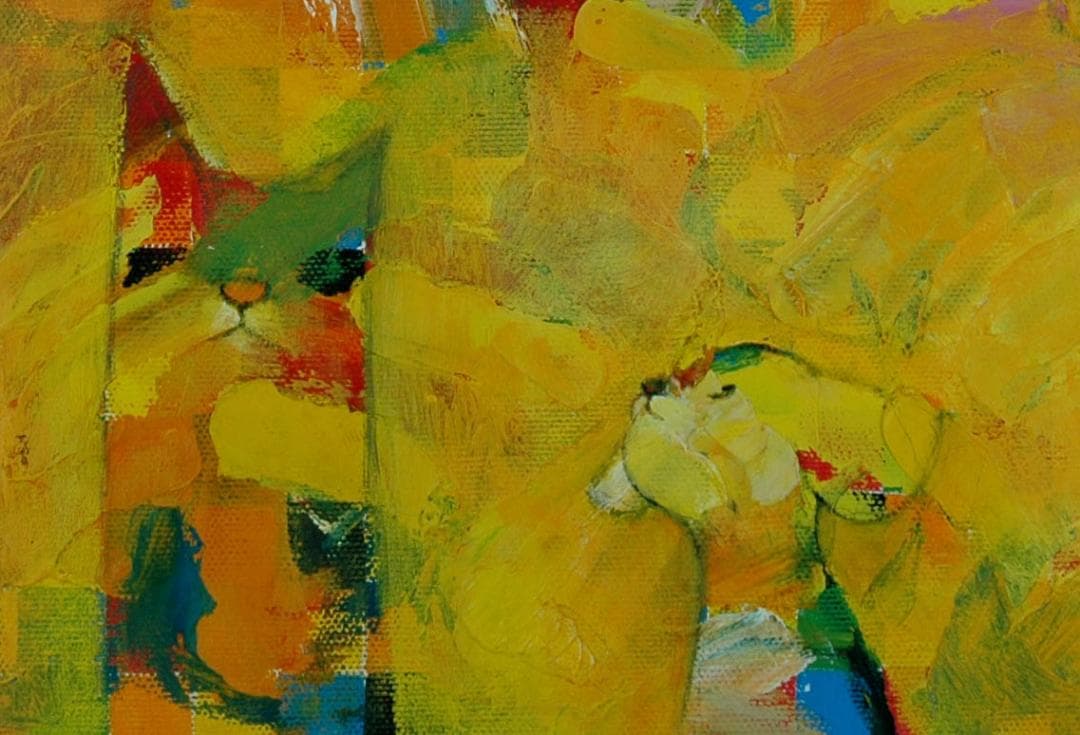 油絵 菅家令子 絵 絵画インテリア額付(黒) uF6-071119可愛い子犬と猫