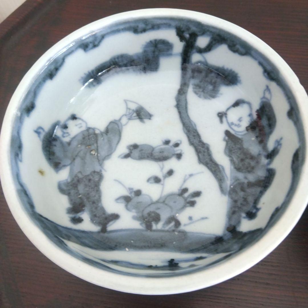古伊万里 三平皿二点 染付手描き 唐子図柄 上手