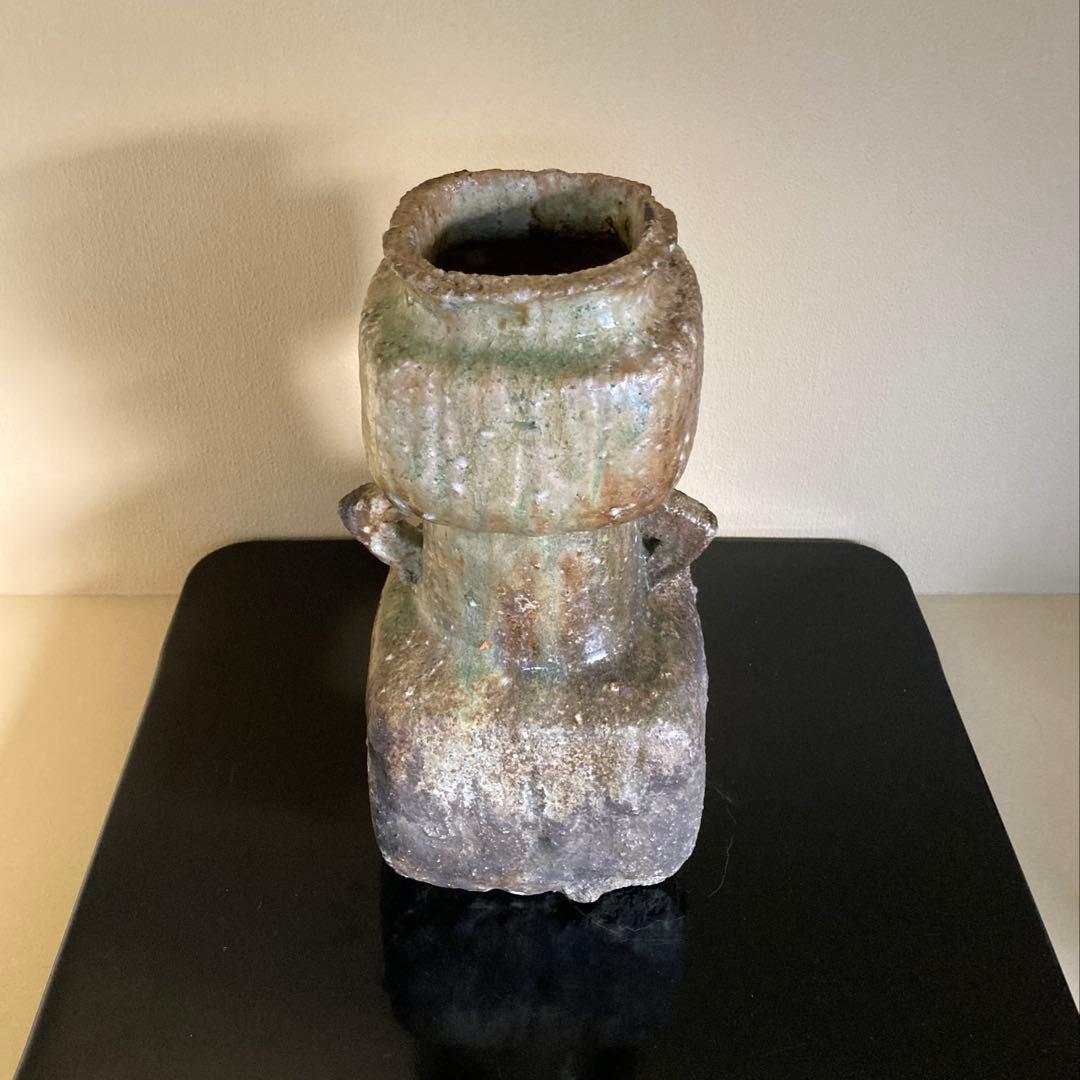 信楽焼 伊賀焼 谷清右衛門造 伊賀花入 耳付花入 花器 茶道具 共箱 共布