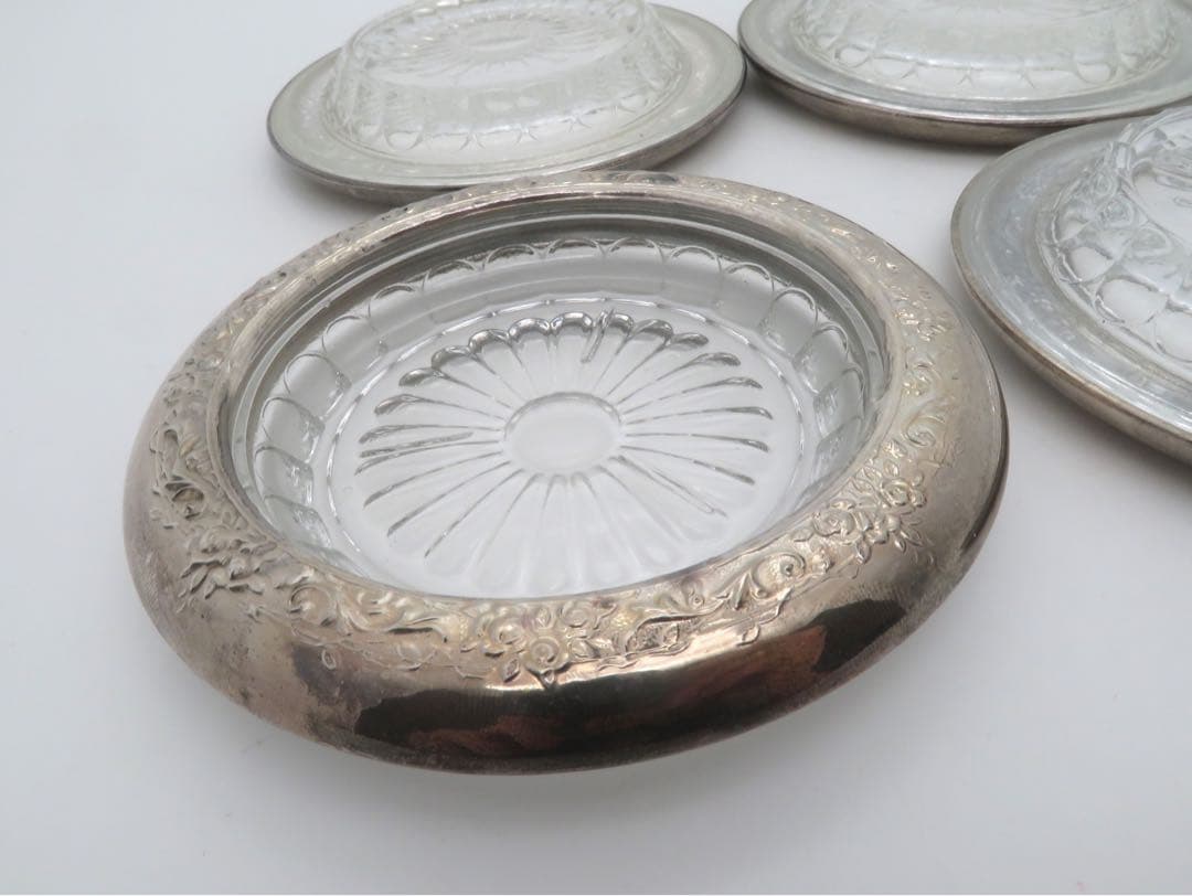 Vintage フローラル 純銀 ドリンクコースター クリスタルガラス4枚セット