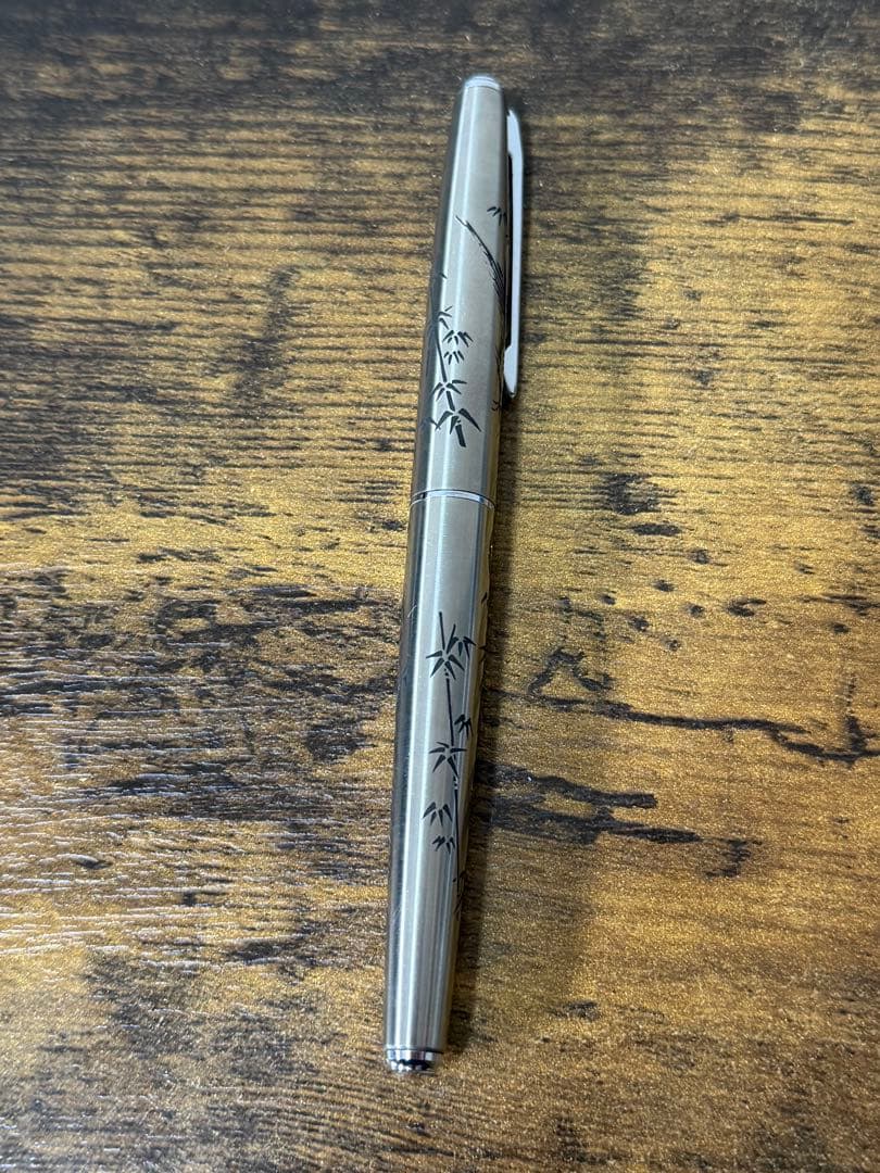 新品未使用　1980年代　蝕刻　竹と雉　白金　万年筆 18金　細字　コンバーター