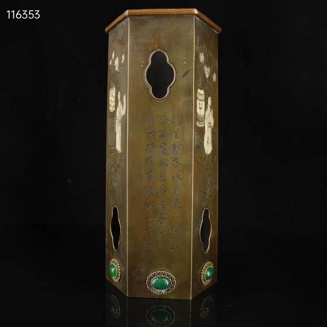 中国古美術・珍蔵純銅製・純手作り・仕女絵宝石入り筆立・文房置物・書道品·純手彫り