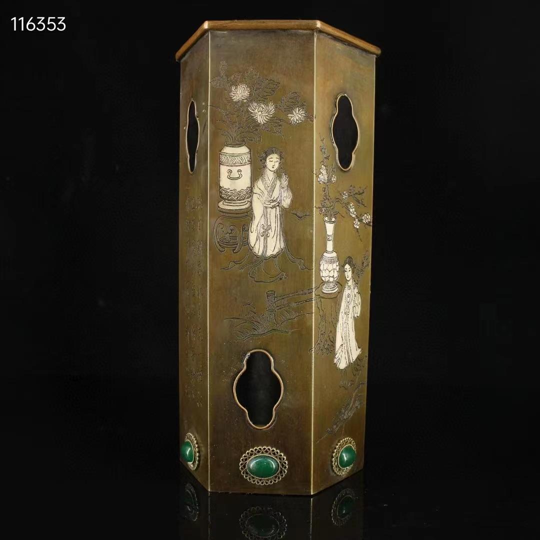 中国古美術・珍蔵純銅製・純手作り・仕女絵宝石入り筆立・文房置物・書道品·純手彫り