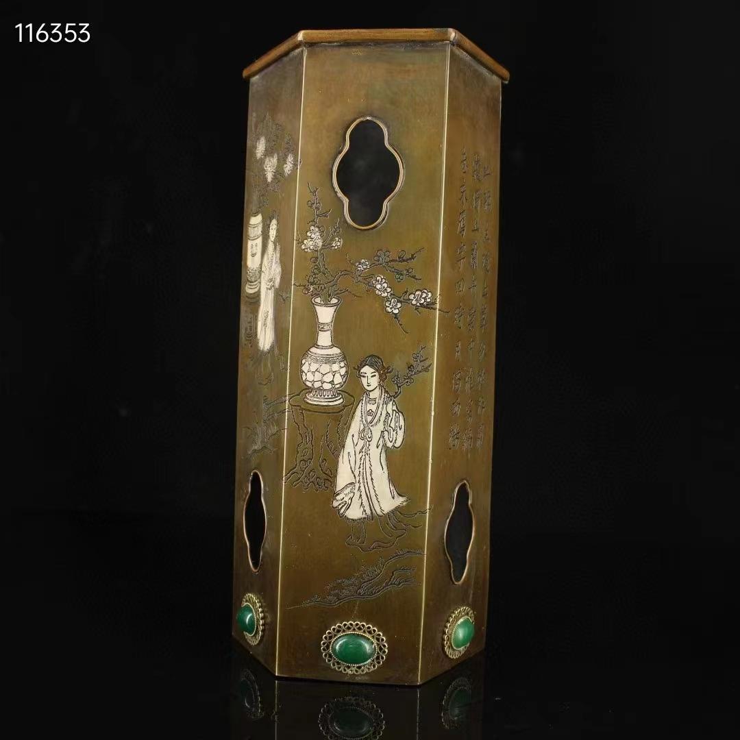中国古美術・珍蔵純銅製・純手作り・仕女絵宝石入り筆立・文房置物・書道品·純手彫り