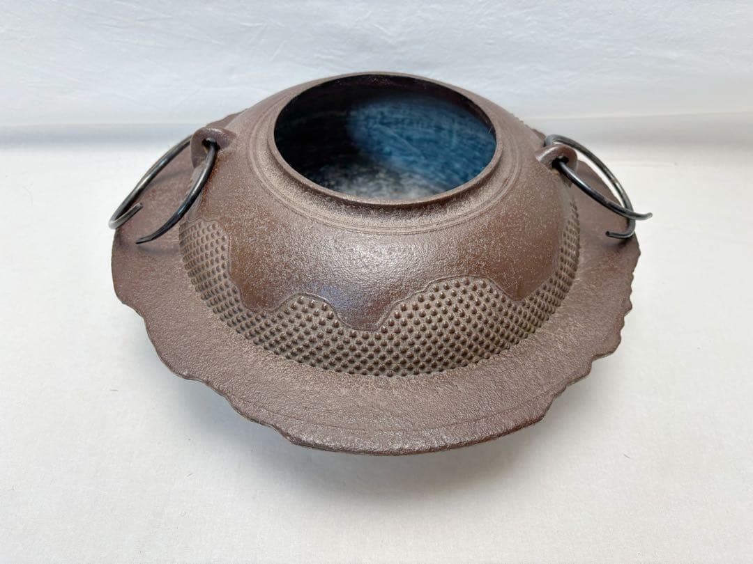 美品 茶道具 釜師 佐藤浄清作 遠山霰地紋 透木釜 釜印 釜鐶付き 共箱