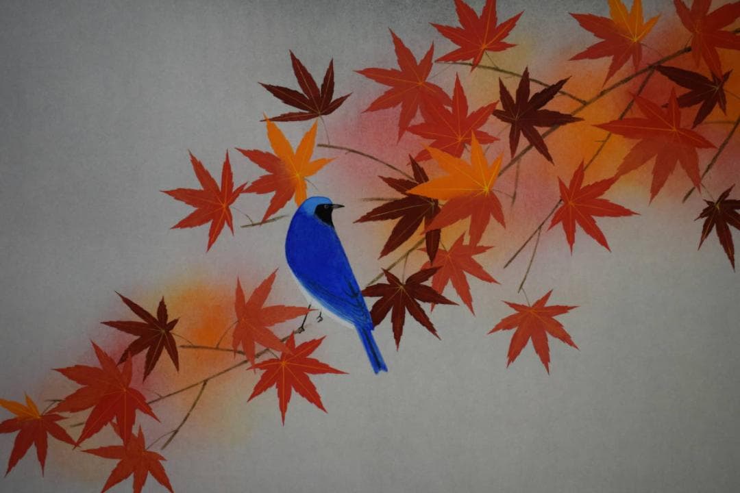 真作/小山田典彦/紅葉小禽図/金泥/桐共箱太巻箱付/布袋屋掛軸HI-278