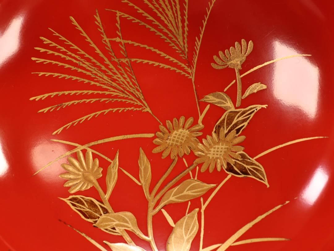 BK421　時代輪島塗　草花図金蒔絵　吸物椀　五客　木製　茶道具 懐石 菓子