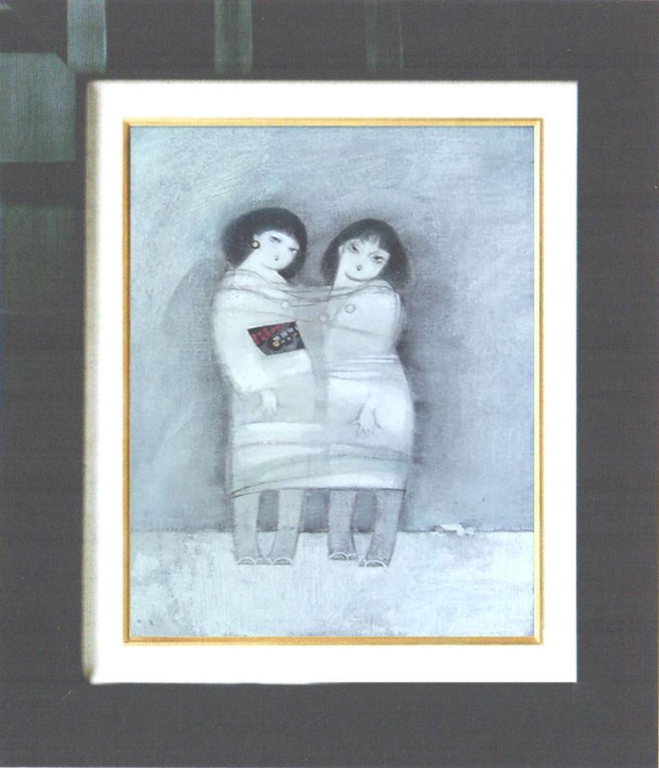 油絵 菅家令子 絵 絵画インテリア額付(銀) F4-42023 人物 雪国の子供