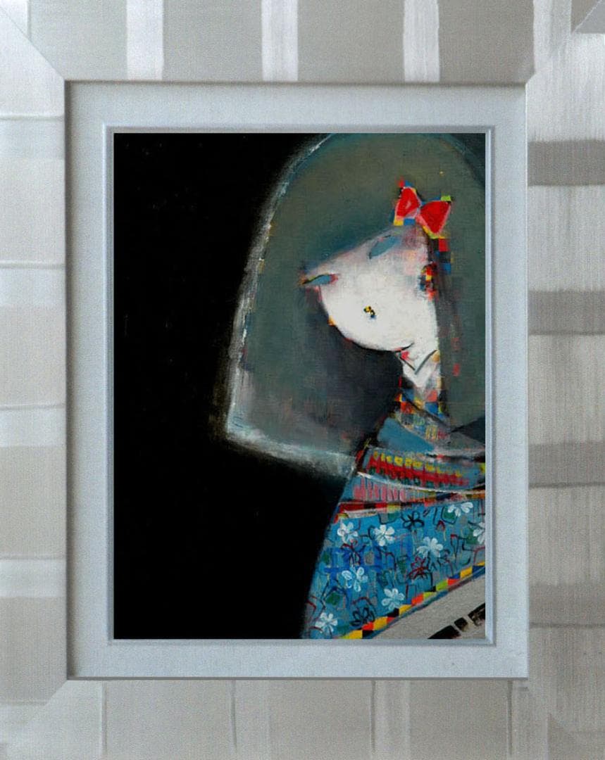 油絵 菅家令子絵 絵画インテリア額付(青緑＋金色の枠)F6-083111市松人形