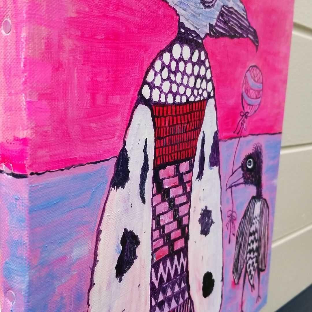 油絵　専用　きれいな鳥のお父さんと子ども