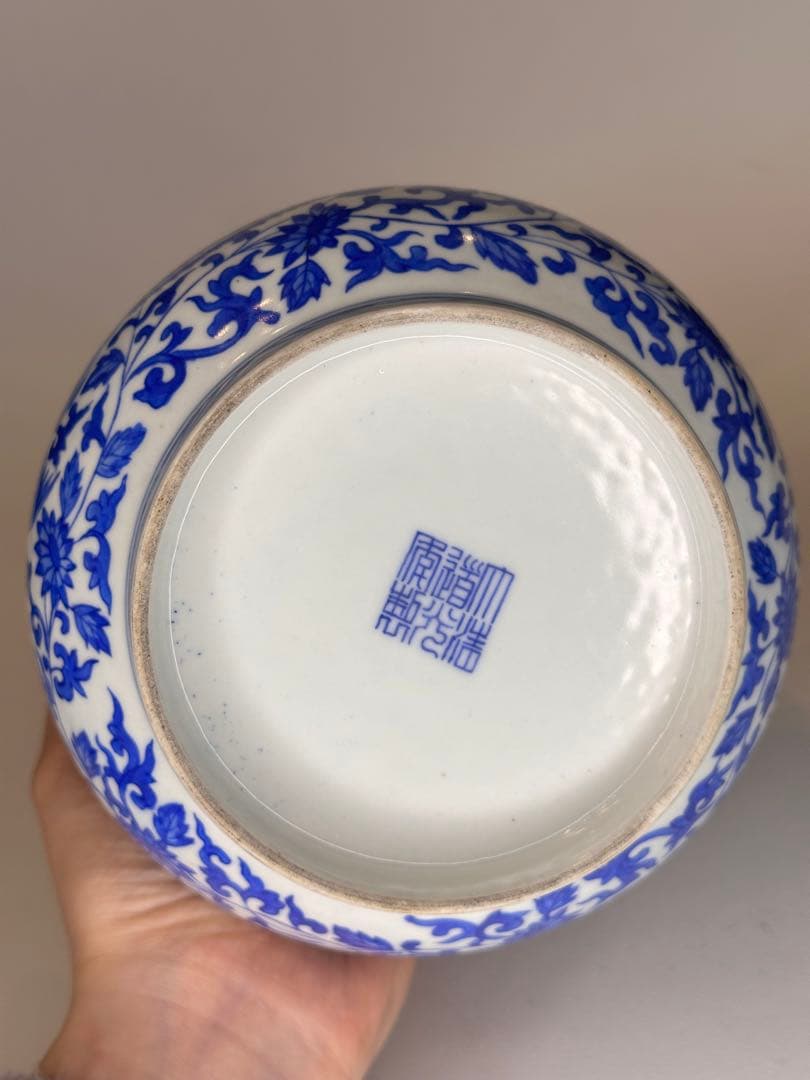 大清道光年製 底款　青花染付　鳳凰文　小缸　中国古美術