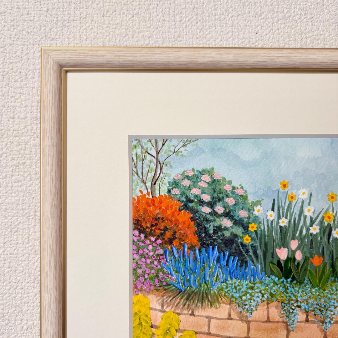 アクリル画　原画　「小さな花壇04」額縁付　SMサイズ　風景画