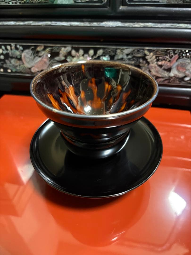 茶道具真塗天目台天目茶碗桶谷定一作