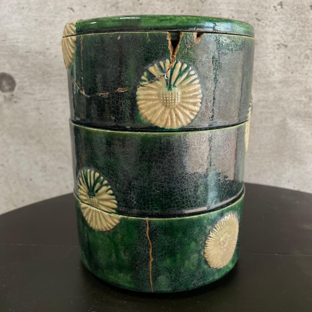 陶器　三段重　アンティーク　骨董品　貫入　金継ぎ　焼物　蓋物