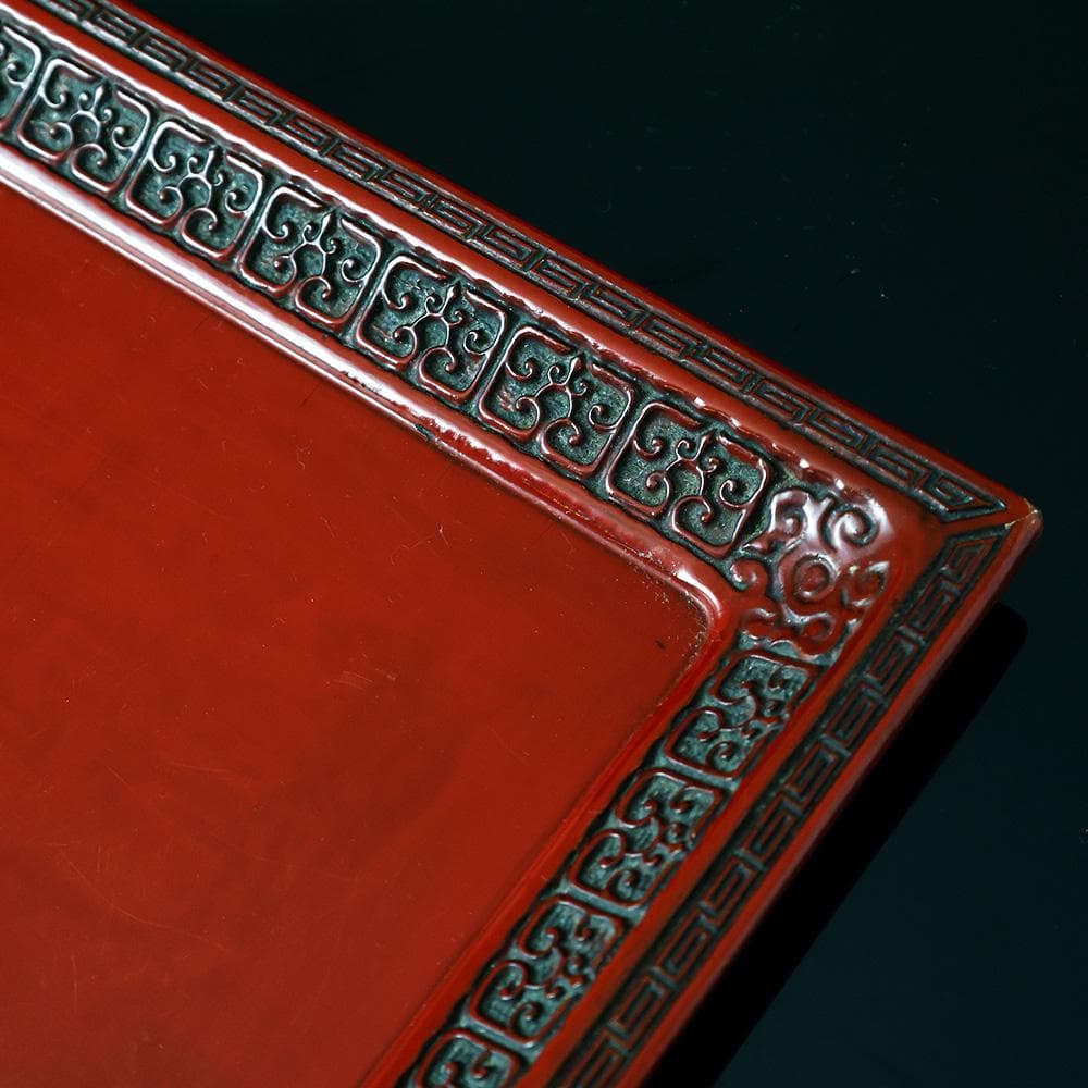 時代物 木地 堆朱 長方隅角盆 回文 雷文 雲雷文 茶懐石 鎌倉彫 折敷