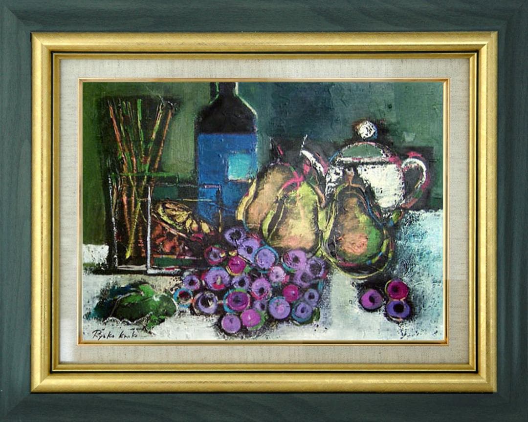 油絵 絵 絵画 インテリア uF6-061504 静物 果物 ワイン ポット