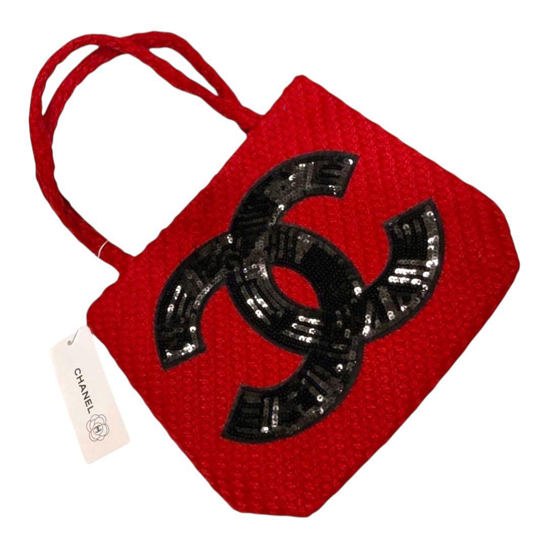 【新品未使用】 CHANEL 赤 ニット ブラック スパンコール トートバッグ
