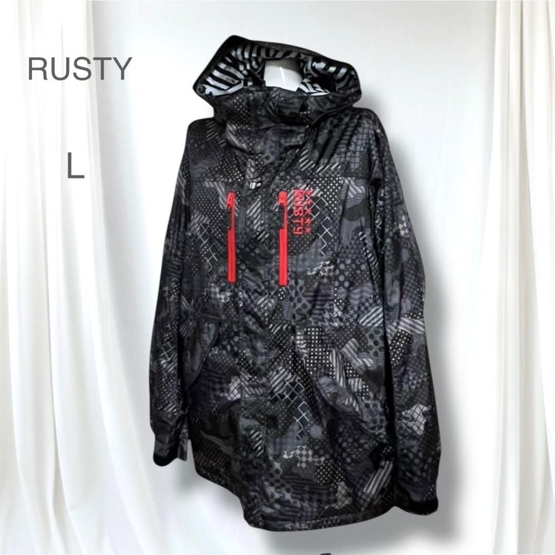 ラスティ スノーボードウェア ジャケット 総柄 黒赤 刺繍 L スキー 多機能