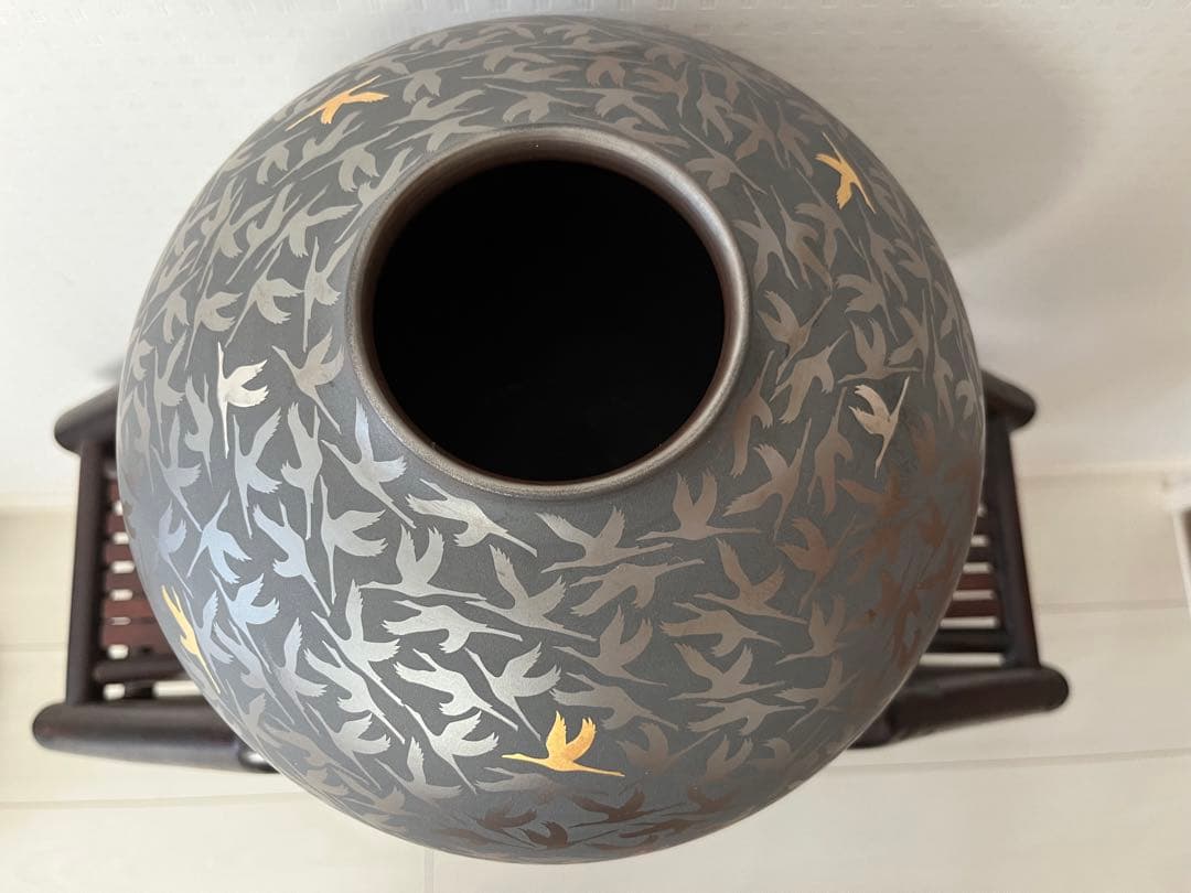 萬古輝彩鶴文壺、醉月窯、陶器、工芸品、古美術、花器、壺、飾り