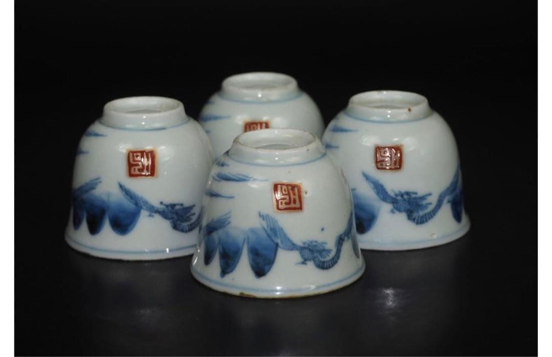 送料無料　江戸時代　古伊万里山水図煎茶碗4客　煎茶道具