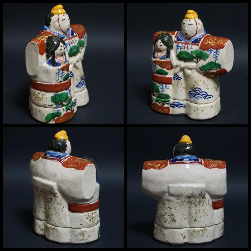 楽焼 七世 川崎和楽造 立雛 香合 金散らし 共箱 / 香道具 茶道具