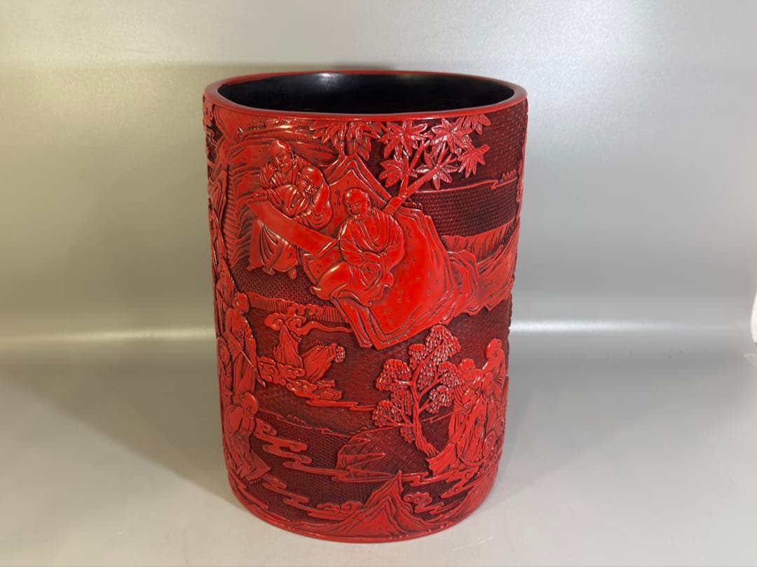 中国 堆朱 刻人物 筒 文房四宝