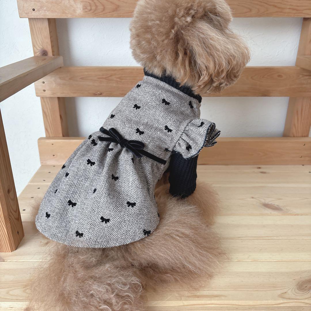 ハンドメイド　ヘリンボーンツイードリボン　ティアードワンピース　前開きワンピース