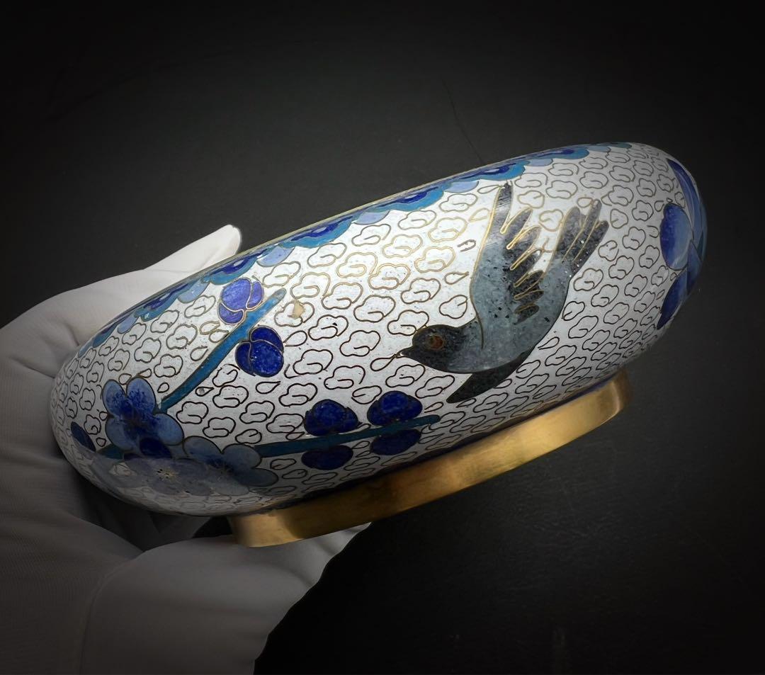 中國美術 古玩 景泰藍 京法 七宝焼 梅 鳥 石紋樣笔洗 書道具