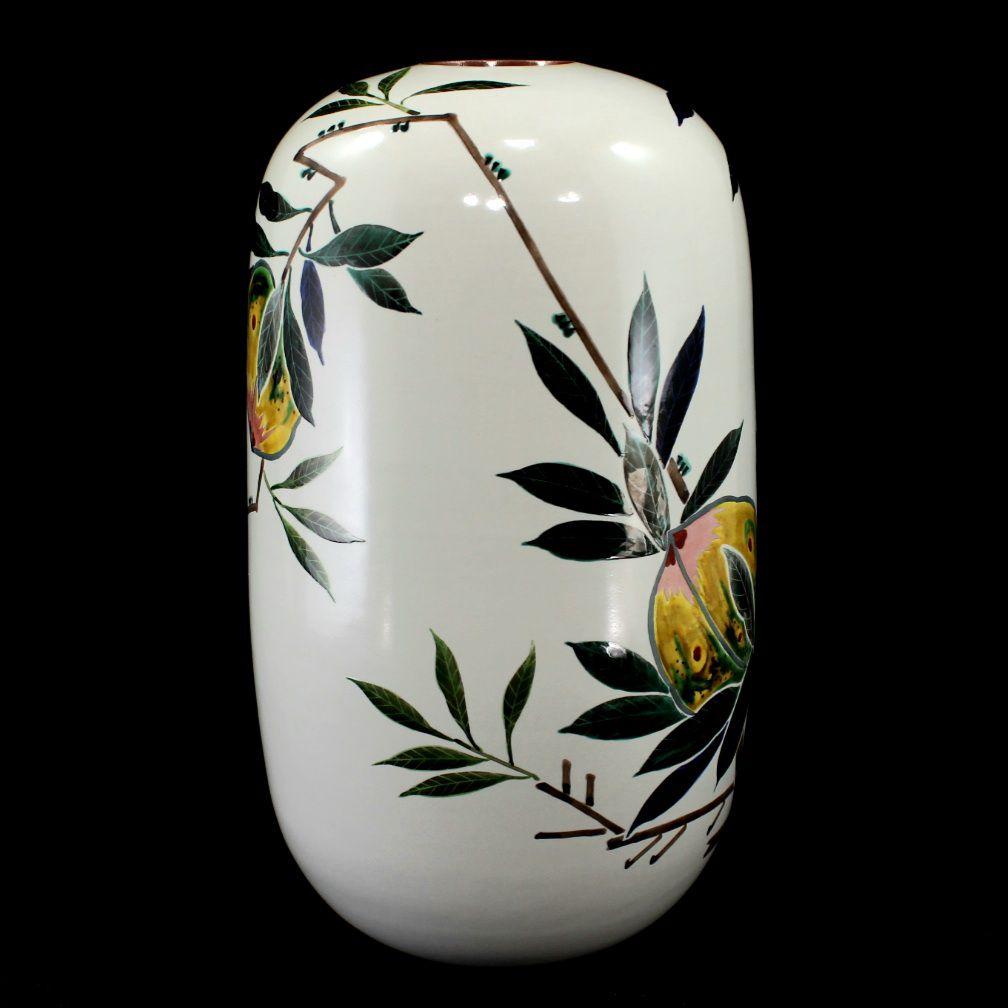 青九谷釉彩桃之図花瓶　梶本太衛　造　九谷正峰　9号花瓶　工芸品　共箱・陶歴説明付