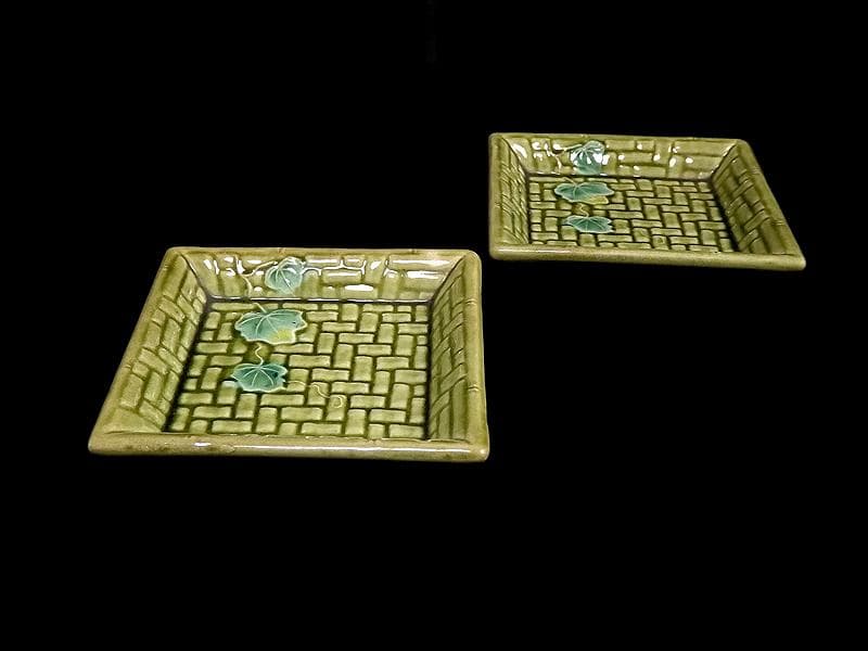 珉平焼　淡路焼　蔦図に網代の図　手塩皿　角皿　２枚　C386 AS-CIh