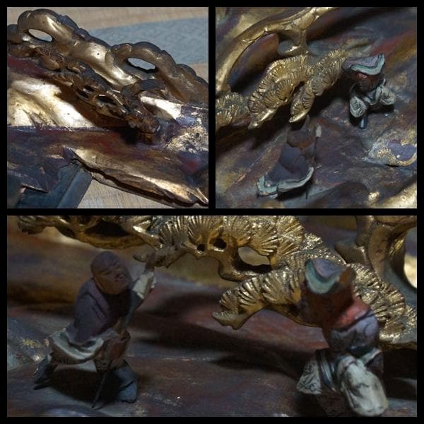 江戸末期一刀彫り高浮彫『渓流龍人物風景図』 木造彩漆金箔張る 欄間飾り立体木彫