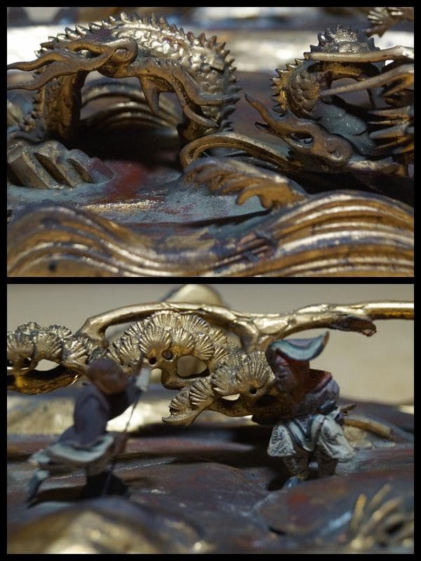 江戸末期一刀彫り高浮彫『渓流龍人物風景図』 木造彩漆金箔張る 欄間飾り立体木彫