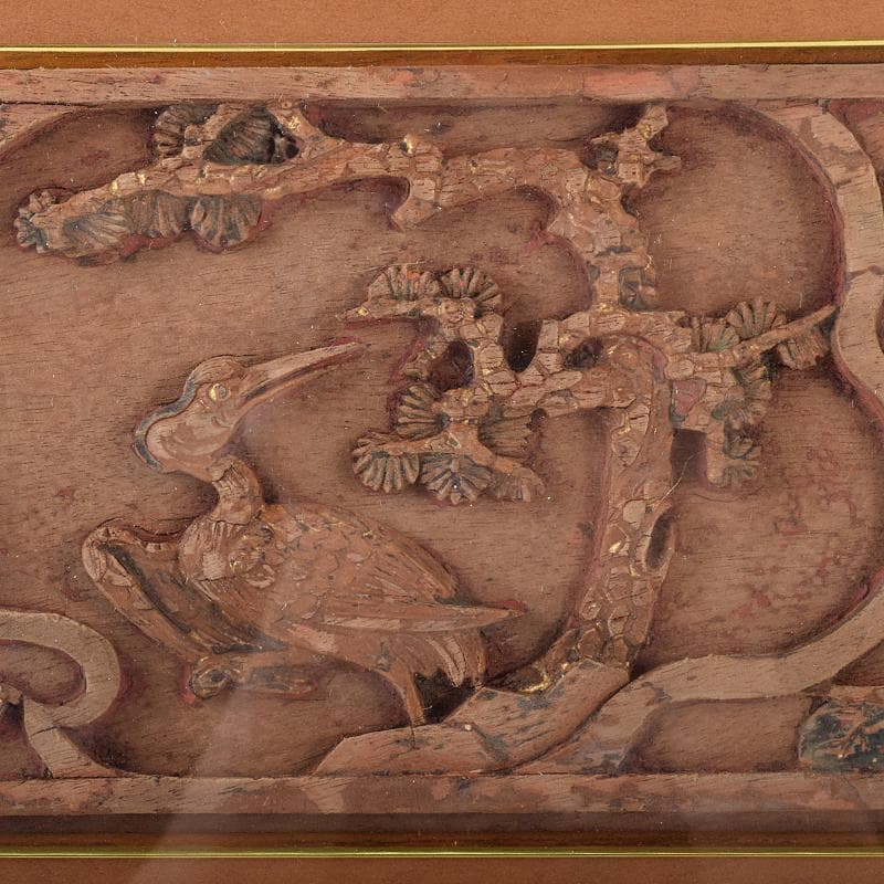 中国　清代　徽州木彫　「松鶴延年」　額装　史樹青題　収蔵証明書付　CR7803B