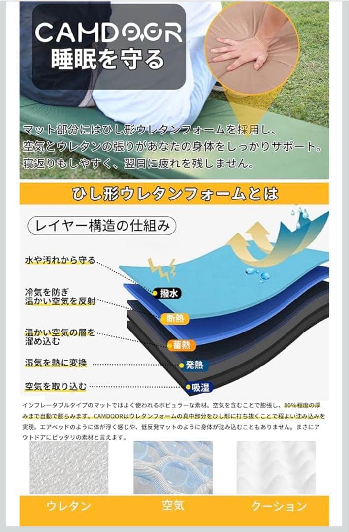 CAMDOORインフレーターマット　キャンプ　車中泊　オリーブ　カーキ