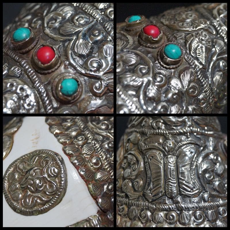 オールドチベット法具大型左巻法螺貝純銀巻きターコイズコーラル象嵌手造り打出し装飾