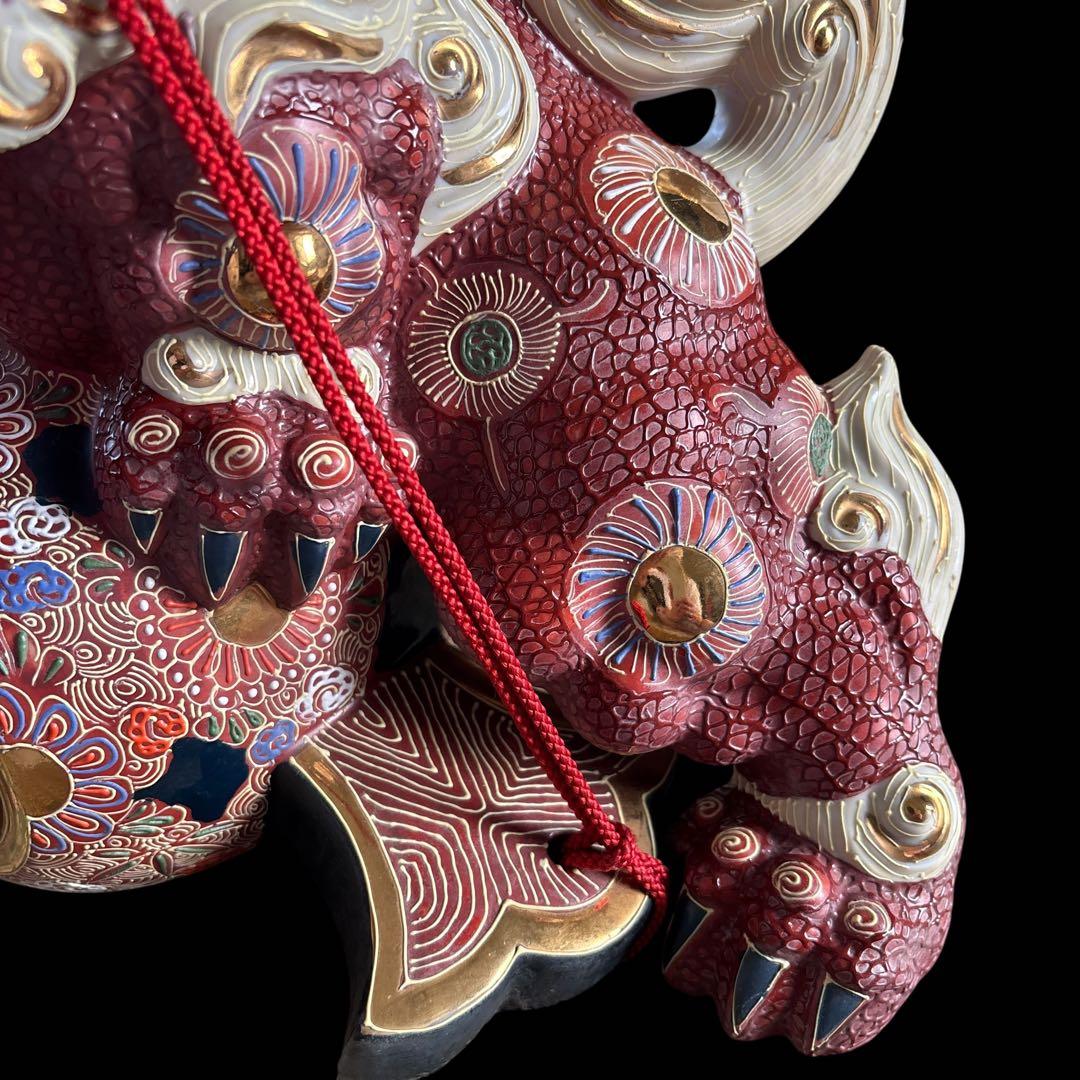 大特価【縁起物】唐獅子　小槌　九谷焼　商売繁盛　置き物　赤　白　金