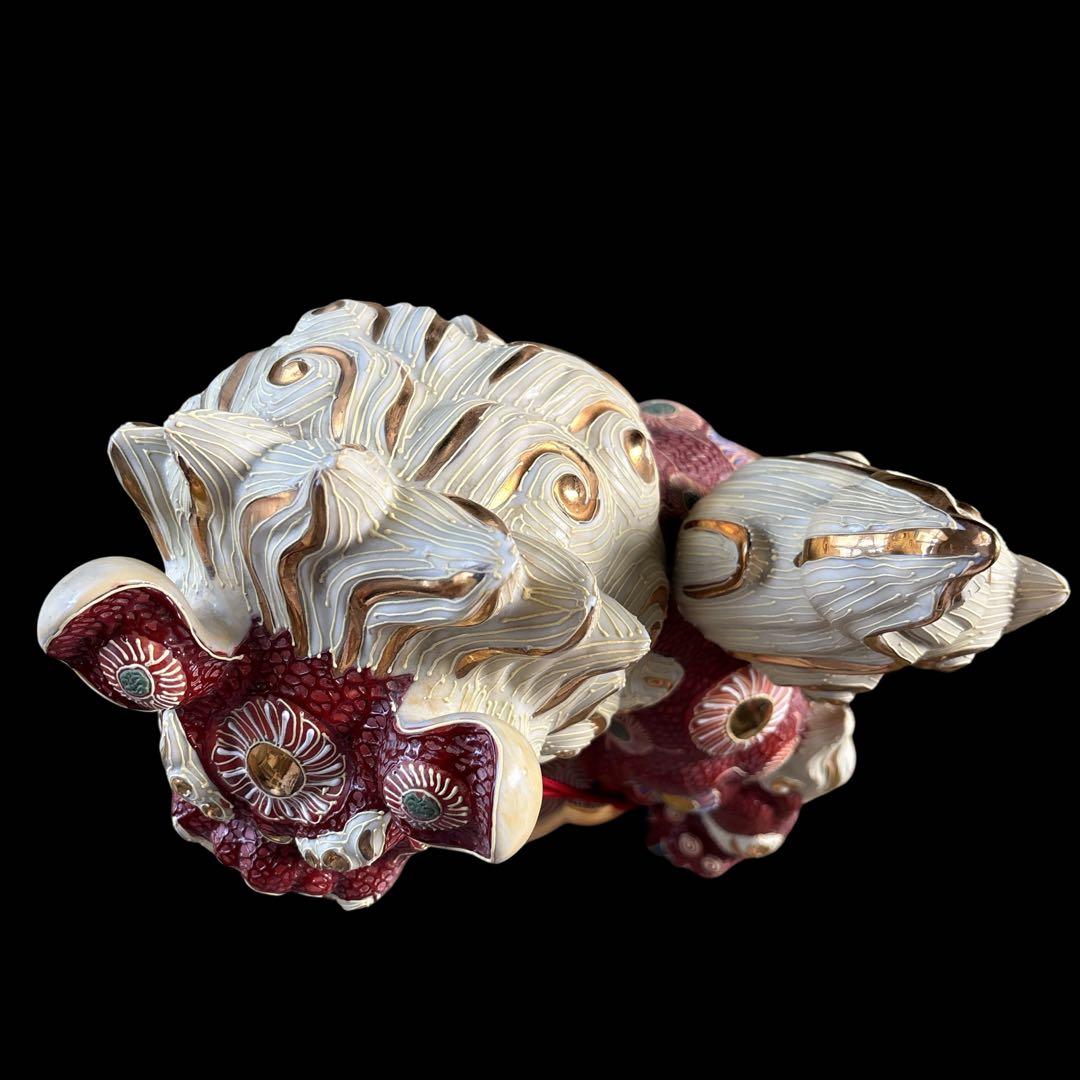 大特価【縁起物】唐獅子　小槌　九谷焼　商売繁盛　置き物　赤　白　金
