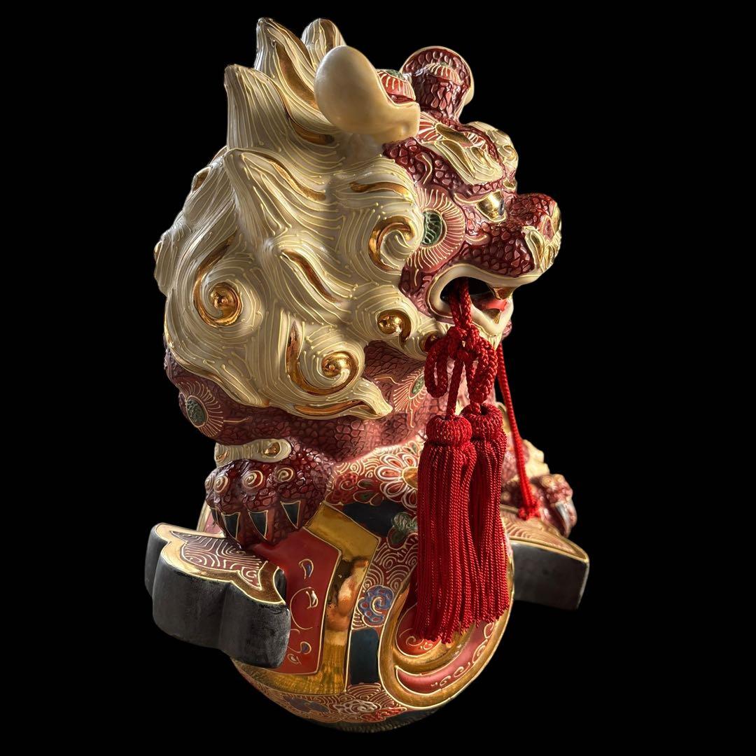 大特価【縁起物】唐獅子　小槌　九谷焼　商売繁盛　置き物　赤　白　金