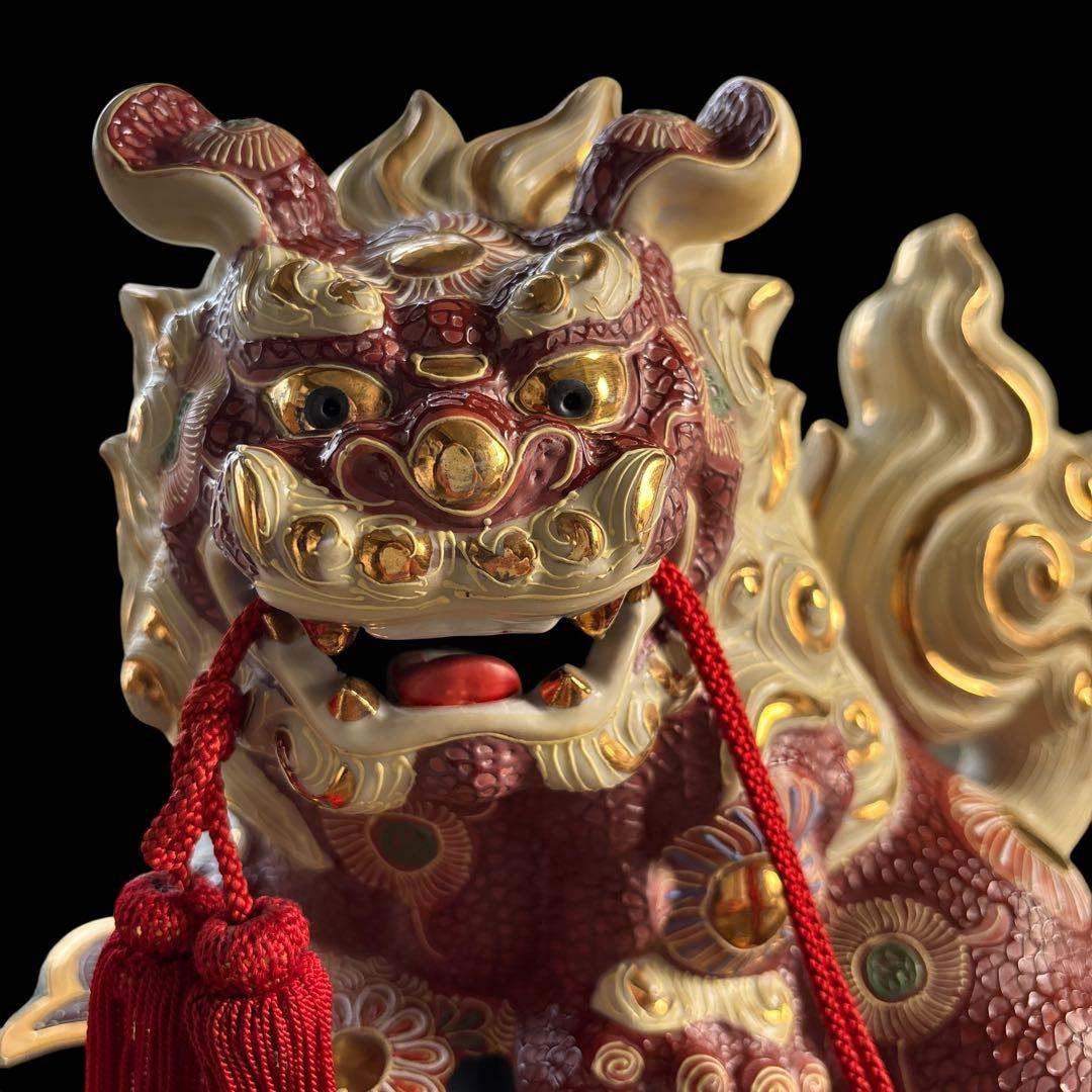 大特価【縁起物】唐獅子　小槌　九谷焼　商売繁盛　置き物　赤　白　金