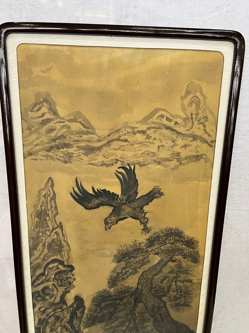 【アンティーク】額縁 額装 壁掛け 水墨画 山水画 山 鳥 鷲 鷹 オブジェ