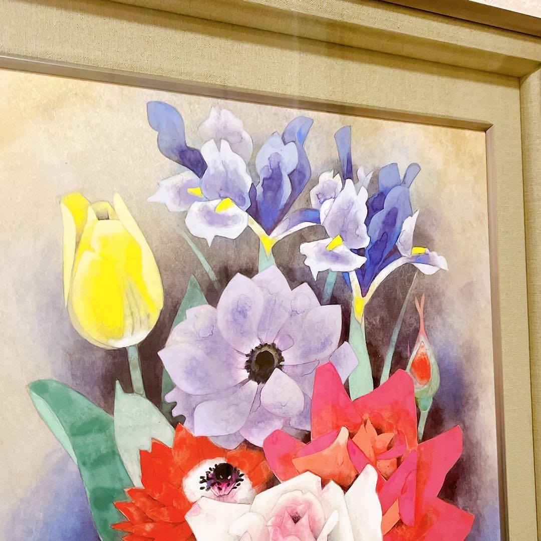 肉筆 落款印有【共シール有・真作保証】F10号 小川立夫 『春の花』額装付 日本