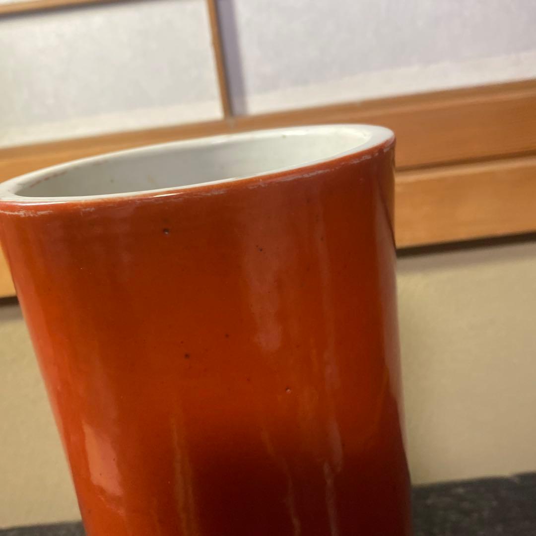 中国古玩　血赤珊瑚色筆頭　28cm11cm