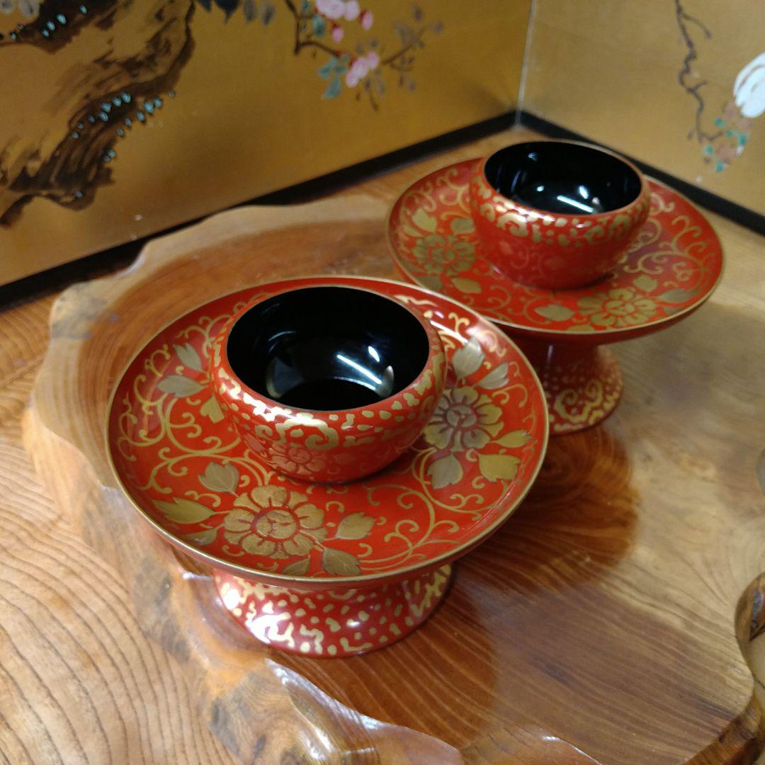 AB29 天目台一対 茶台 高茶台 高脚 金 高蒔絵 草花図 朱漆 木箱 昭和