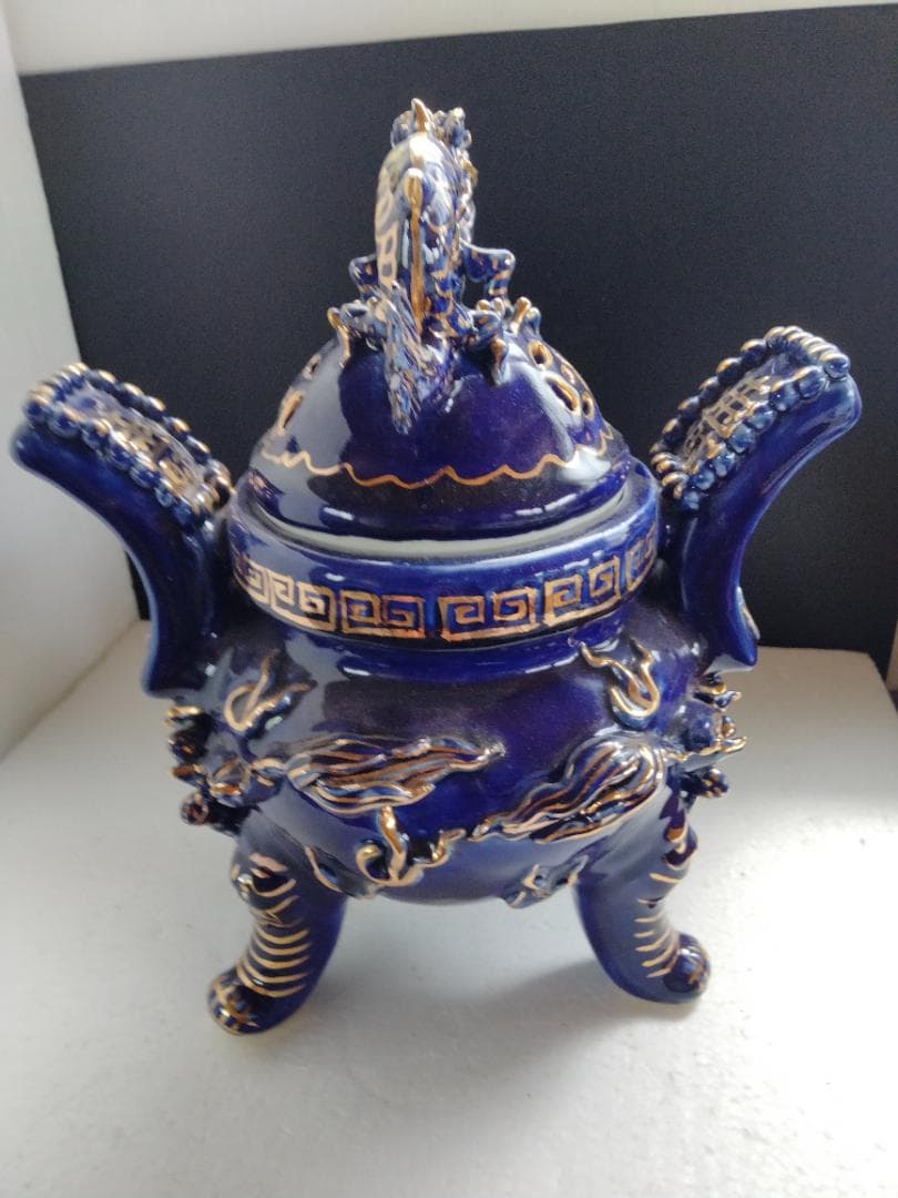 青磁龍文金彩香炉