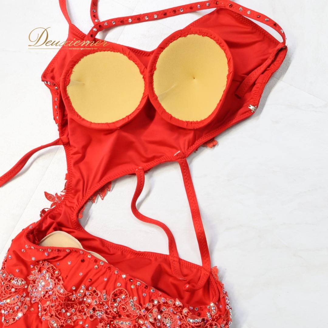 【社交ダンス衣装】レッド ラテン ワンピース ドレス 赤 フリル デモ 競技用