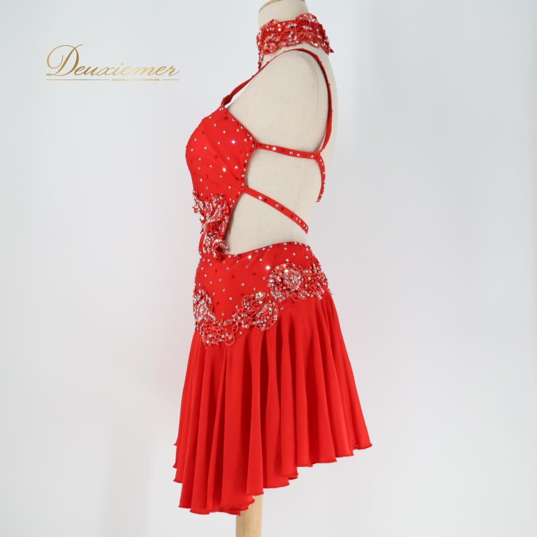 【社交ダンス衣装】レッド ラテン ワンピース ドレス 赤 フリル デモ 競技用